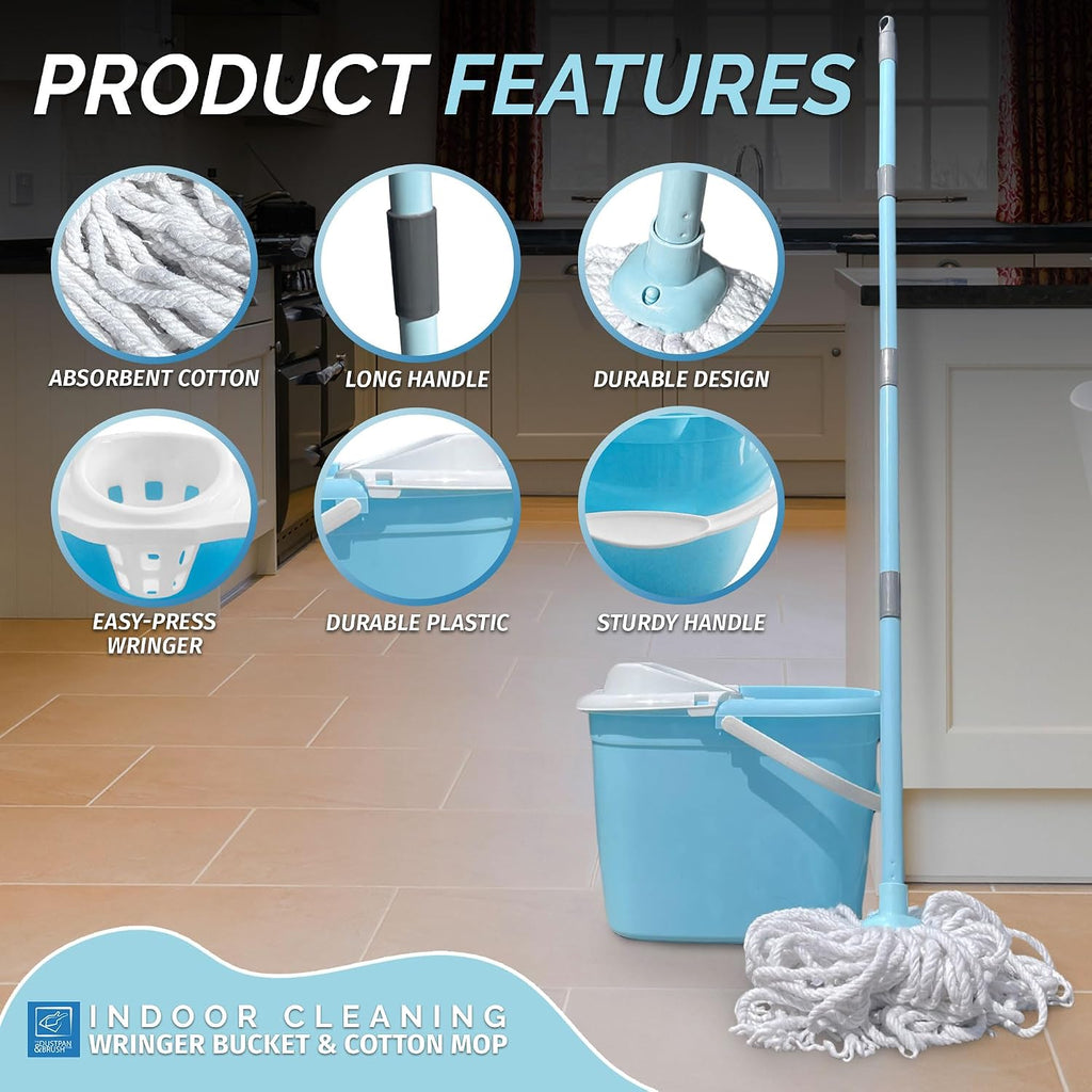 Hbala Cotton Mop and Bucket Set – 13L Wringer Bucket, Telescopic Handle, Duck Egg